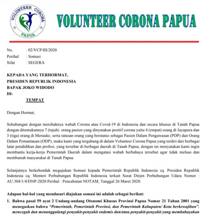 Gara-Gara Menteri Perhubungan, Volunteer Corona Papua Somasi Presiden