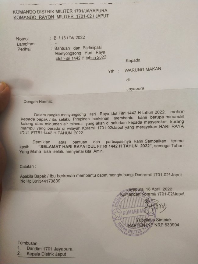 Beredar di Medsos Permintaan Batuan Danramil 1701 Jayapura, Kapendam: Surat Sudah Ditarik