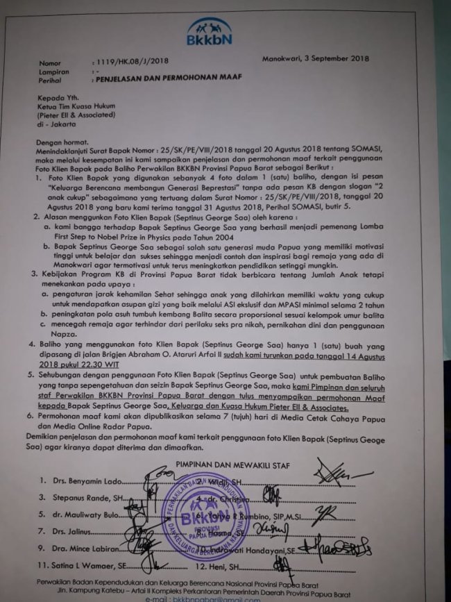 Pimpinan dan Staf BKKBN Papua Barat Minta Maaf Kepada Septinus G. Saa dan Kuasa Hukum Pieter Ell