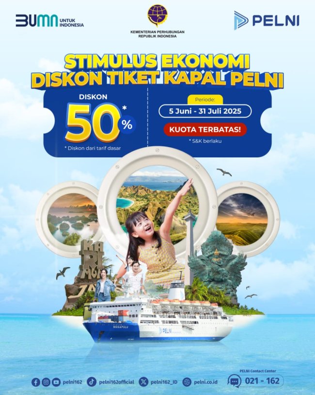 PT.Pelni Berikan Diskon 50 Persen untuk Tiket Kapal Laut Keberangkatan 5 Juni hingga 31 Juli PT.Pelni Berikan Diskon 50 Persen untuk Tiket Kapal Laut Keberangkatan 5 Juni hingga 31 Juli
