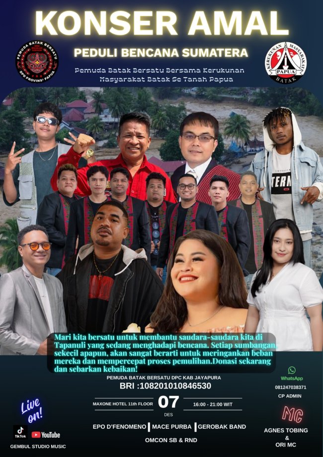 Peduli Bencana Sumut, Pemuda dan Masyarakat Batak se-Tanah Papua akan Gelar Konser Amal